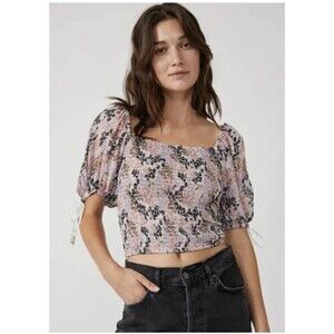 Free People Back on Top Crop Smocked Shirt Blouse Puff Sleeve Size S NWT‎